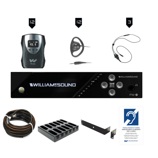 FM PLUS LARGE-AREA DUAL FM AND WI-FI ASSISTIVE LISTENING SYSTEM WITH 12 FM R38 RECEIVERS.